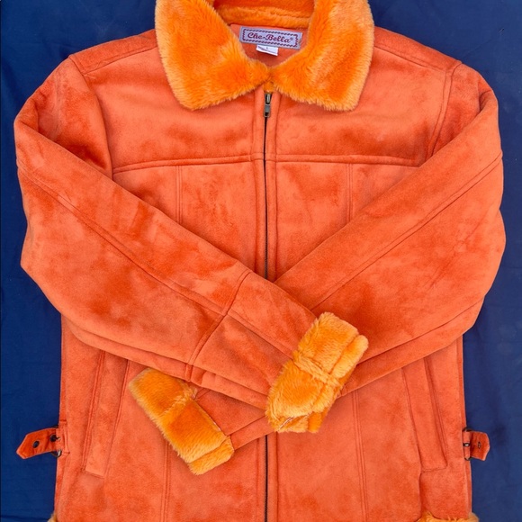 1990s Suede Bright Orange Bomber Zip Up Jacket with Faux Fur Orange Trim LARGE - Picture 8 of 9